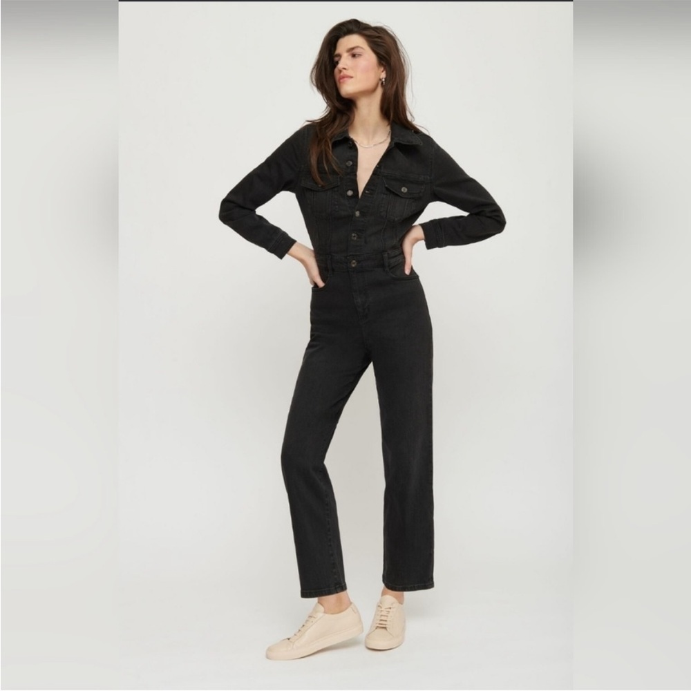 DYNAMITE Distressed Black Denim Long Sleeve Western Chic Straight Leg Jumpsuit